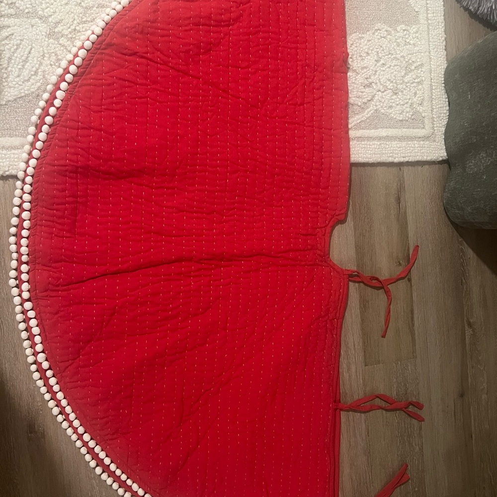 Red Quilted Holiday Tree Skirt with Pom-Pom Trim